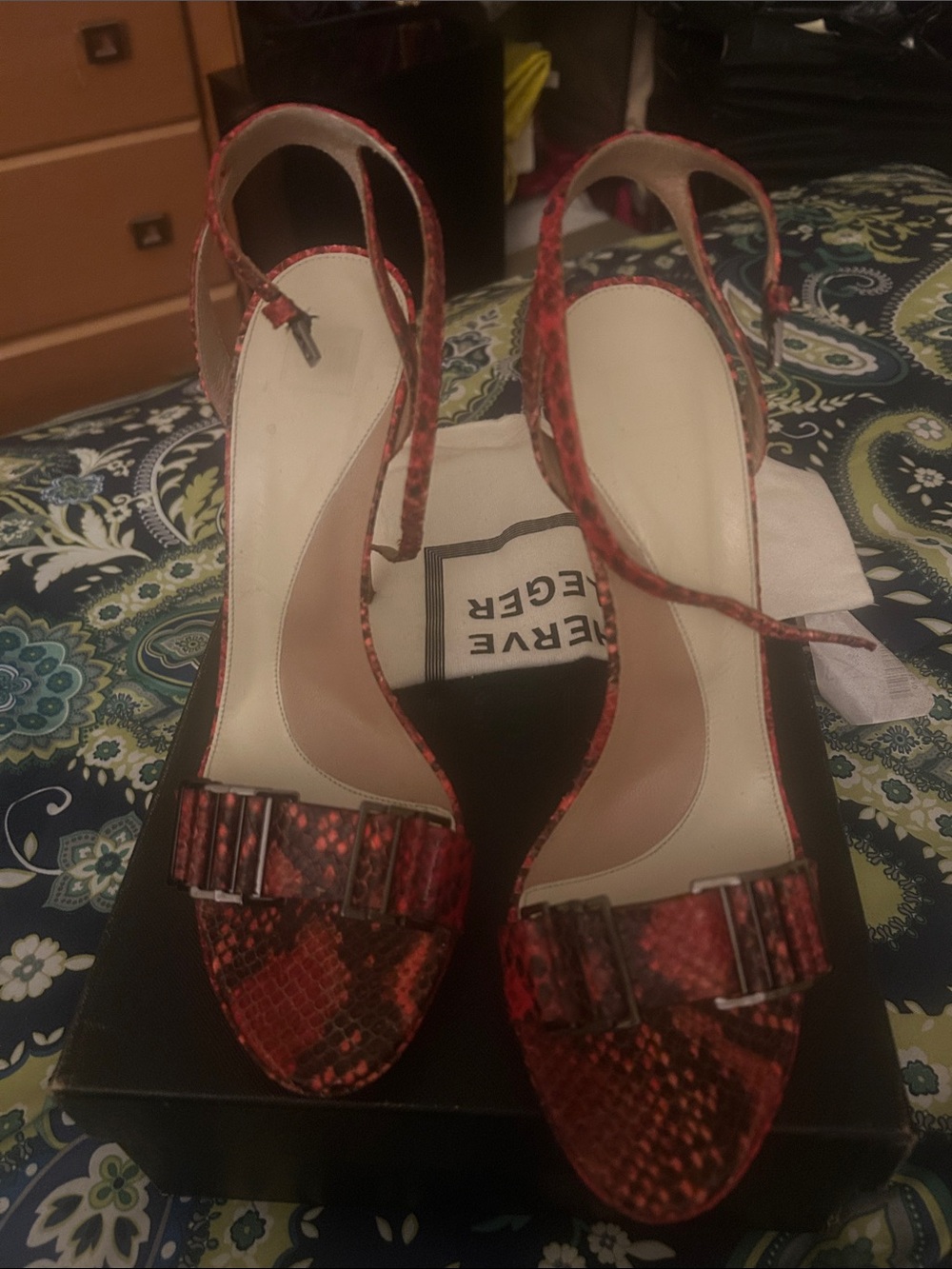 Herve Leger Red Snake-Print Stiletto Sandals - Picture 4 of 15